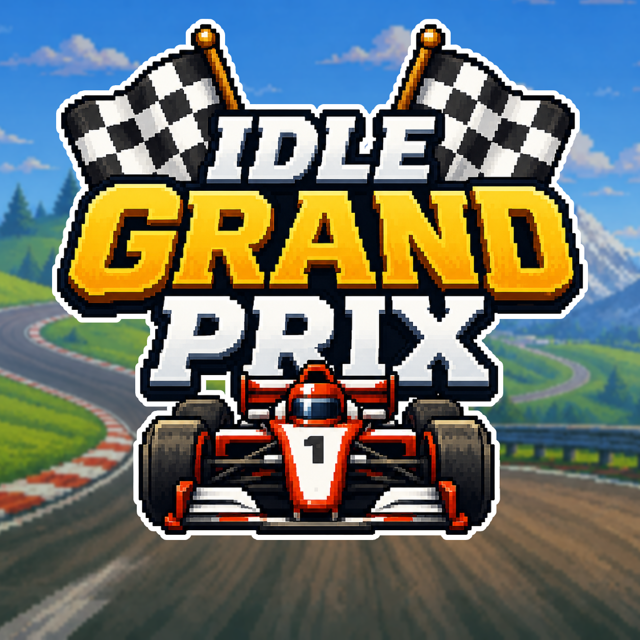 Idle Grand Prix — pixel-art racing logo with checkered flags